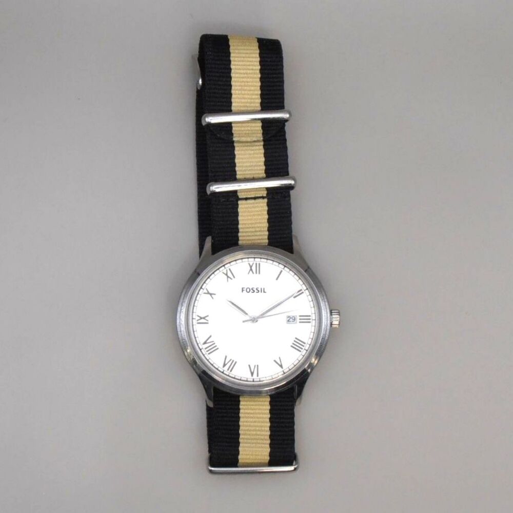 Fossil FS4619 Men's Silver Tone Nylon Strap Analog Wrist Watch - AS IS